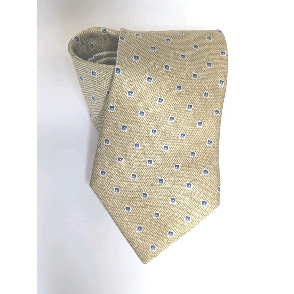 Savile Row Men’s 100% Silk Foulard Tie Gold Blue Geometric Pattern Made in USA